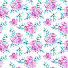 Beautiful purple pink flowers and green purple branches. Floral seamless pattern. Hand drawn watercolor illustration. Texture for print, fabric, textile, wallpaper.