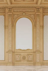 Carved wooden panels with a wooden ceiling. 3d rendering