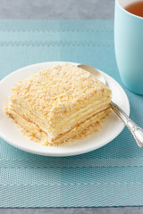 Russian Napoleon cake made of puff pastry and custard vanilla cream.