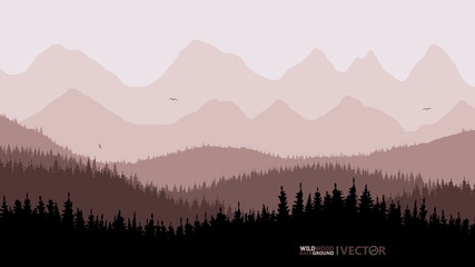 Tranquil backdrop, pine forests, mountains in the background. Light brown tones, flying birds.