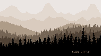Tranquil backdrop, pine forests, mountains in the background. Beige tones.