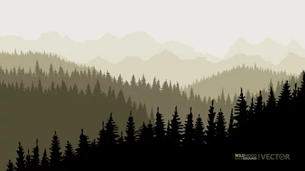 Garden poster Forest in fog Tranquil backdrop, pine forests, mountains in the background. swamp tones.