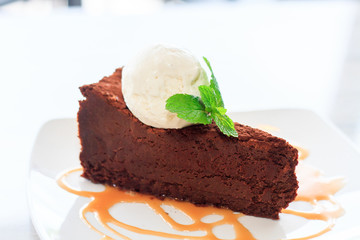 Chocolate Cake with Ice cream and mint leaf