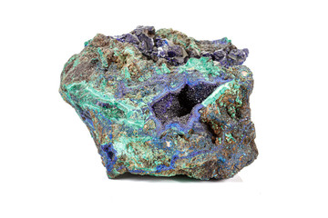 Macro stone mineral Azurite Malachite on a white background