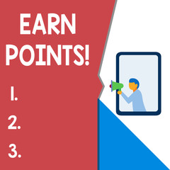 Text sign showing Earn Points. Business photo text collecting big scores in order qualify to win big prize Isolated geometrical background man chest holding megaphone speech bubble