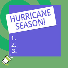Conceptual hand writing showing Hurricane Season. Concept meaning time when most tropical cyclones are expected to develop Big Square rectangle stick above small megaphone left down corner