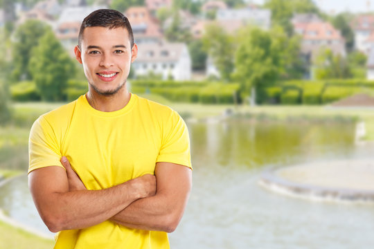 Young Man Upper Body Portrait Smiling People Outdoor Town Copyspace Copy Space