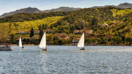 Panoramic view of sailboats in Westlake lake, in the upscale community of Westlake Village in...