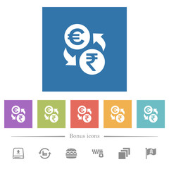 Euro Rupee money exchange flat white icons in square backgrounds