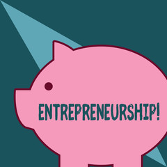 Word writing text Entrepreneurship. Business photo showcasing Process of designing launching and running a new business Fat huge pink pig plump like piggy bank with sharp ear and small round eye
