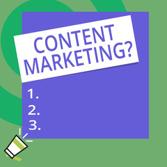Conceptual hand writing showing Content Marketing Question. Concept meaning involves creation and sharing of online material Big Square rectangle stick above small megaphone left down corner
