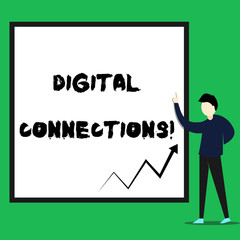 Writing note showing Digital Connections. Business concept for Powerful Ways to Connect Online Global High Definition Young man standing pointing up rectangle Geometric background
