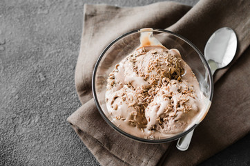 A plate of homemade chocolate ice cream with chocolate chips.