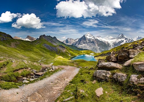 Swiss beauty, path to Bachalpsee lake with view to Schreckhorn and Wetterhorn mounts, Bernese Oberland,Switzerland,Europe