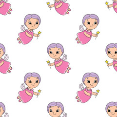 Happy fairy. Colored seamless pattern with cute cartoon character. Simple flat vector illustration isolated on white background. Design wallpaper, fabric, wrapping paper, covers, websites.