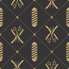 Barbershop seamless pattern with hipster face, hairdressing scissors and razor. Vector illustration.