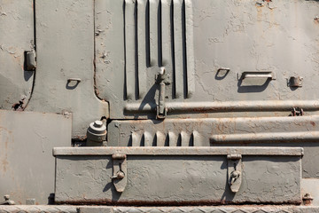 metal parts of the body of military equipment close-up. Armored war machine. Steampunk Background