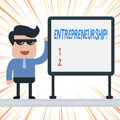 Handwriting text Entrepreneurship. Conceptual photo Process of designing launching and running a new business Businessman Office Worker Sunglasses Blank Whiteboard Meeting Presentation