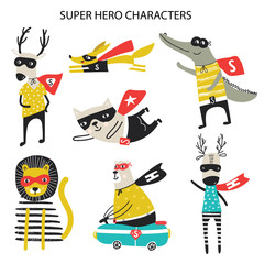 Super Hero - collection of cute and fun kids super hero animals. Big set of characters. Vector illustration