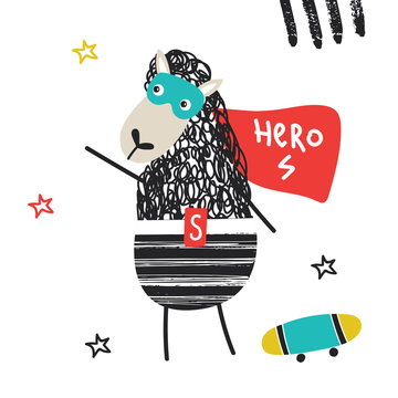 Super Hero - cute and fun kids nursery poster with little sheep animal in hero mask rides on skateboard.