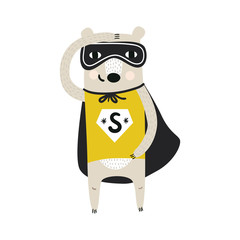 Super Hero - cute and fun kids nursery poster with little bear animal in hero mask. Vector illustration