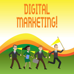 Writing note showing Digital Marketing. Business concept for Search Engine Optimazation Pay Per Click Ad Internet Crowd Flags Headed by Leader Running Demonstration Meeting
