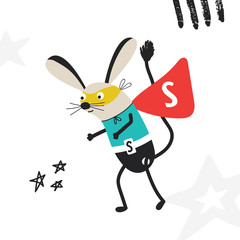Super Hero - cute and fun kids nursery poster with little jerboa animal in hero mask. Vector illustration