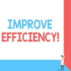 Handwriting text Improve Efficiency. Conceptual photo Competency in perforanalysisce with Least Waste of Effort Front view young woman holding two hands right corner big blank rectangle