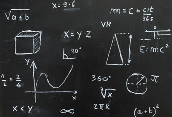 blackboard with mathematical and geometric formulas written with chalk on a black...