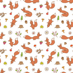 Squirrels seamless vector pattern. Hand drawn squirrels, leaves, mushrooms, fruits seamless pattern for background, textile, fabric, wrapping paper
