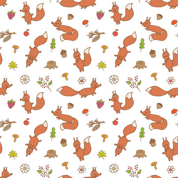 Squirrels seamless vector pattern. Hand drawn squirrels, leaves, mushrooms, fruits seamless pattern for background, textile, fabric, wrapping paper
