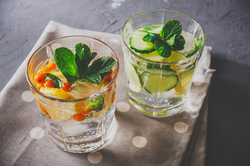 Refreshing cocktails to cleanse the body, water with sea buckthorn, cucumber, lemon and mint