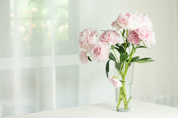 Pink peonies in glass vase. Flowers on a white table. Morning light in the room. Beautiful peony flower for catalog or online store. Floral shop and delivery concept.