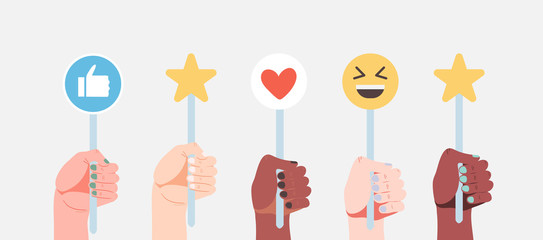 Hands holding signs with different emoji, like and love icons and rating stars isolated on a bluelight grey background. Vector illustration of people opinion, communication and satisfaction signs.
