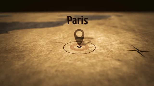 Paris city on retro map in sepia color. Old atlas chart with mark by pushpin. Vintage maps 3D animation.