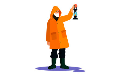 Man in yellow raincoat vector illustration. Old man looks holding kerosene lantern. Fisherman or lighthouse keeper. Flat design isolated on white background.