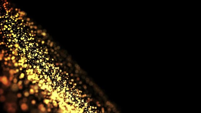 gold particles in liquid float and glisten. Background with glittering golden particles depth of field and bokeh. Luma matte to cut out glowing particles for holiday presentations. 4k 3d animation. 48