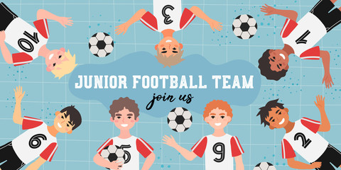 Junior football team banner. Vector illustration of a soccer children team in a uniform on a blue background. Creative banner, flyer or landing page for a kids football team, club or championship.