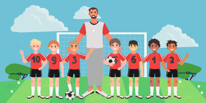 Vector illustration of a junior football or soccer team. Football field picture with children and their coach. Creative banner, flyer or landing page for a kids football team, club or championship.