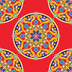 Seamless pattern background. Colorful ethnic round ornamental mandala on red. Vector illustration - 271839931