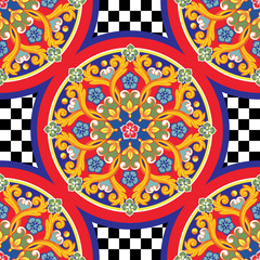 Seamless trendy bright background. Colorful ethnic round ornamental mandala on checkered pattern. Vector illustration