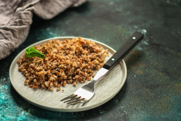 buckwheat porridge - garnish grits. copy space for text and lettering