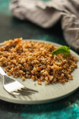 buckwheat porridge - garnish grits. copy space for text and lettering