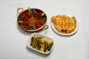 Selection of meat from Turkish cuisine. Meatballs, steaks, tenderloin and other varieties.