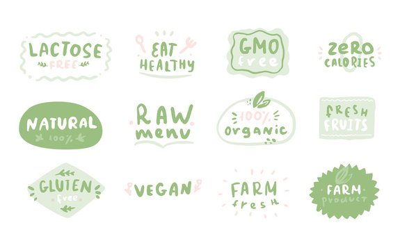Healthy food logo set. Rough emblem design. Stain background for restaurant, farm branding
