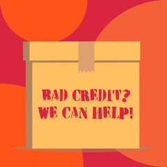 Text sign showing Bad Credit Question We Can Help. Business photo showcasing offering help after going for loan then rejected Close up front view open brown cardboard sealed box lid. Blank background