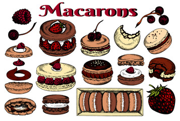 Vector illustration of sketch hand drawn set of macarons. French pastry macaron with berries, chocolate, cream, fruits, cherry, strawberry. Dessert, macaroon, sweets for menu design, restaurants, shop