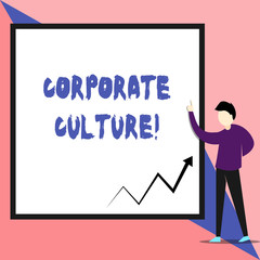 Text sign showing Corporate Culture. Business photo text Beliefs and ideas that a company has Shared values View young man standing pointing up blank rectangle Geometric background