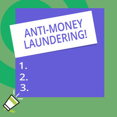 Conceptual hand writing showing Anti Money Laundering. Concept meaning regulations stop generating income through illegal actions Big Square rectangle stick above small megaphone left down corner