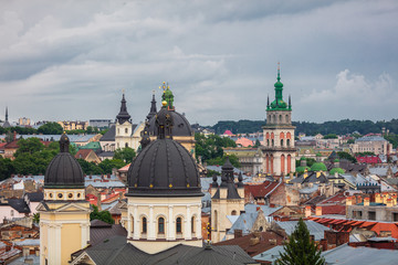 Fototapeta premium View on The Church of the Transfiguration in Lviv, Ukraine from drone